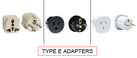 TYPE E Adapters are used in the following Countries:
<br>
Primary Country known for using TYPE E adapters is Belgium, France, Poland, Slovakia.

<br>Additional Countries that use TYPE E adapters are 
Algeria, Benin, Burundi, Cameroon, Central African Republic, Comoros, Congo - Democratic Republic, Congo - Republic of the, Czech Republic, Djibouti, Equatorial Guinea, Ethiopia, French Guiana, French Polynesia, Gabon, Guadeloupe, Ivory Coast, Madagascar, Mali - Republic of, Martinique, Monaco, Mongolia, Morocco, Reunion, Senegal, Somalia, Syria, Togo, Tunisia.

<br><font color="yellow">*</font> Additional Type E Electrical Devices:

<br><font color="yellow">*</font> <a href="https://internationalconfig.com/icc6.asp?item=TYPE-E-PLUGS" style="text-decoration: none">Type E Plugs</a> 

<br><font color="yellow">*</font> <a href="https://internationalconfig.com/icc6.asp?item=TYPE-E-CONNECTORS" style="text-decoration: none">Type E Connectors</a> 

<br><font color="yellow">*</font> <a href="https://internationalconfig.com/icc6.asp?item=TYPE-E-OUTLETS" style="text-decoration: none">Type E Outlets</a> 

<br><font color="yellow">*</font> <a href="https://internationalconfig.com/icc6.asp?item=TYPE-E-POWER-CORDS" style="text-decoration: none">Type E Power Cords</a>

<br><font color="yellow">*</font> <a href="https://internationalconfig.com/icc6.asp?item=TYPE-E-POWER-STRIPS" style="text-decoration: none">Type E Power Strips</a>

<br><font color="yellow">*</font> <a href="https://internationalconfig.com/worldwide-electrical-devices-selector-and-electrical-configuration-chart.asp" style="text-decoration: none">Worldwide Selector. View all Countries by TYPE.</a>

<br>View examples of TYPE E adapters below.
